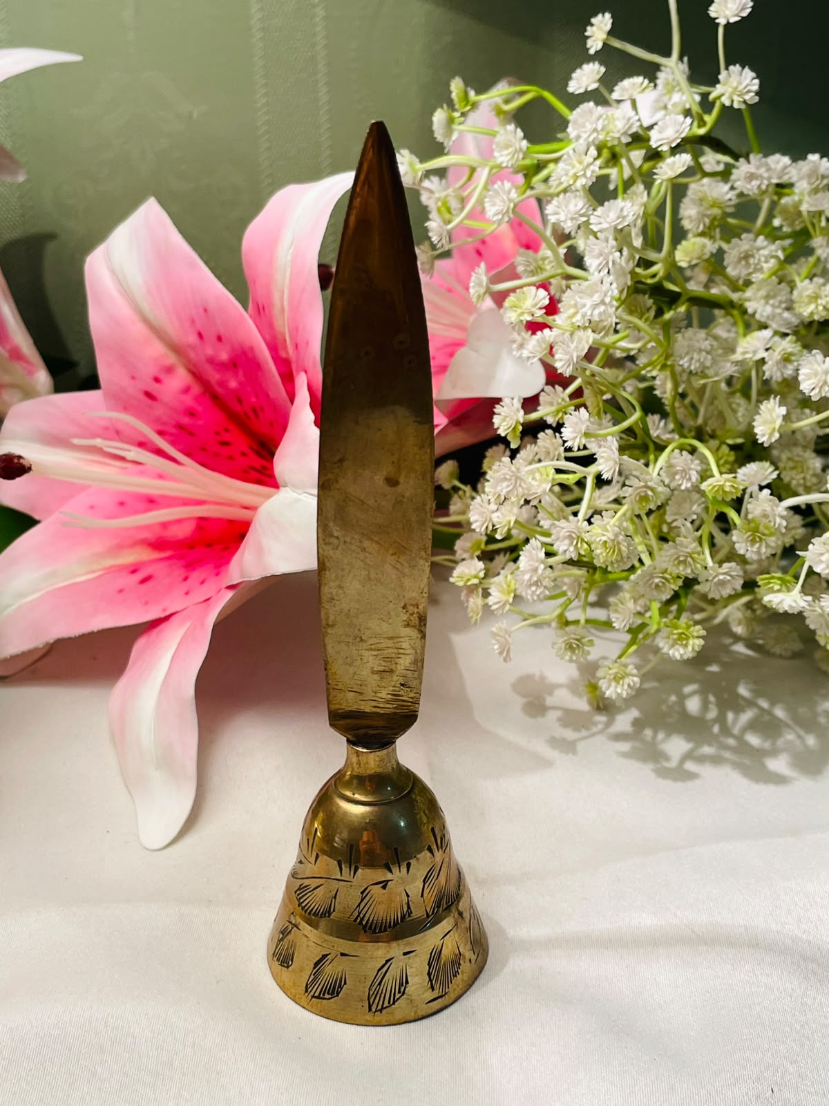 Vintage Brass Letter Opener Engraved Bell Handle 15 cm