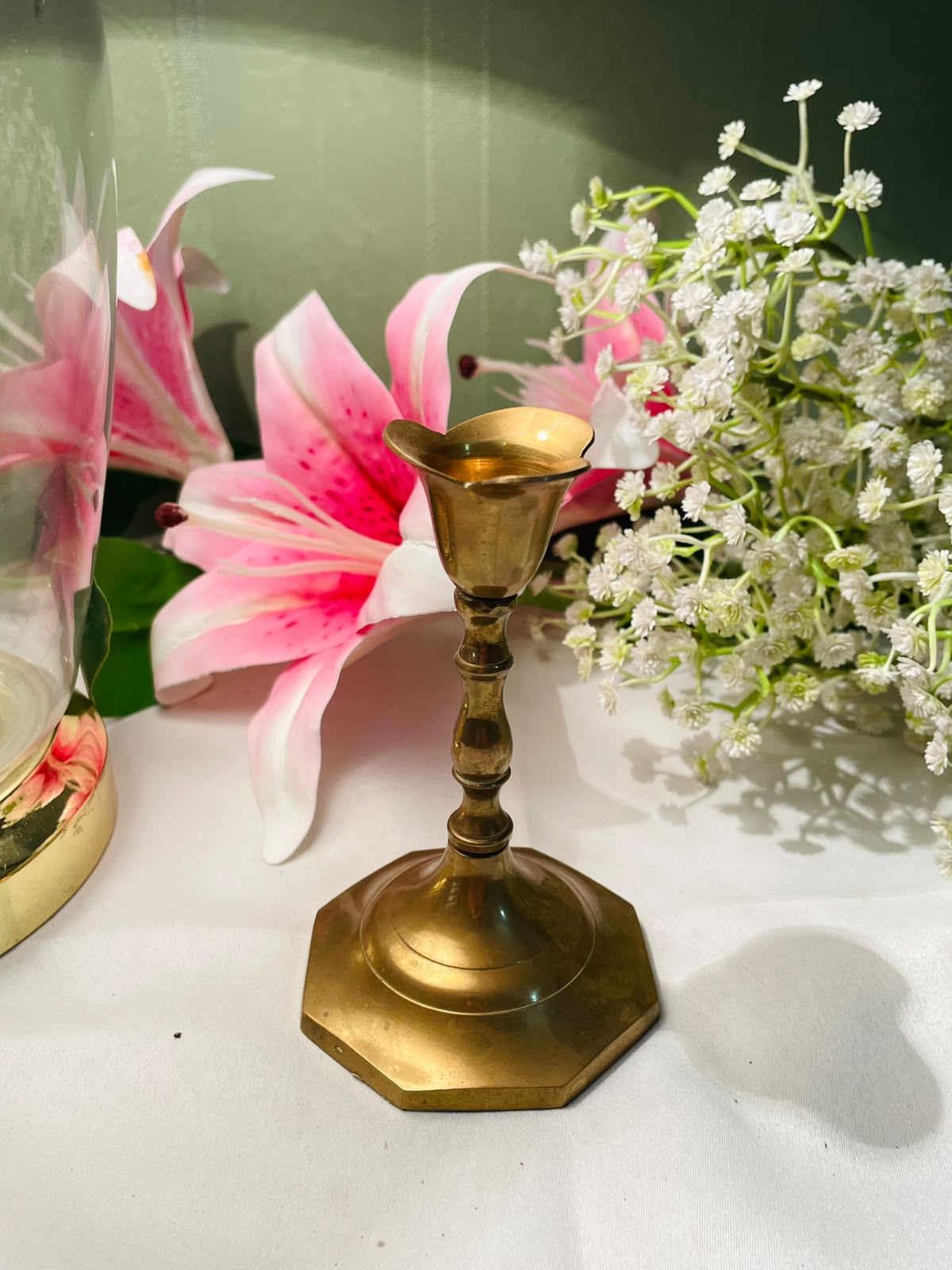 Vintage Brass-Tone Tall Candlestick Holder 18 cm