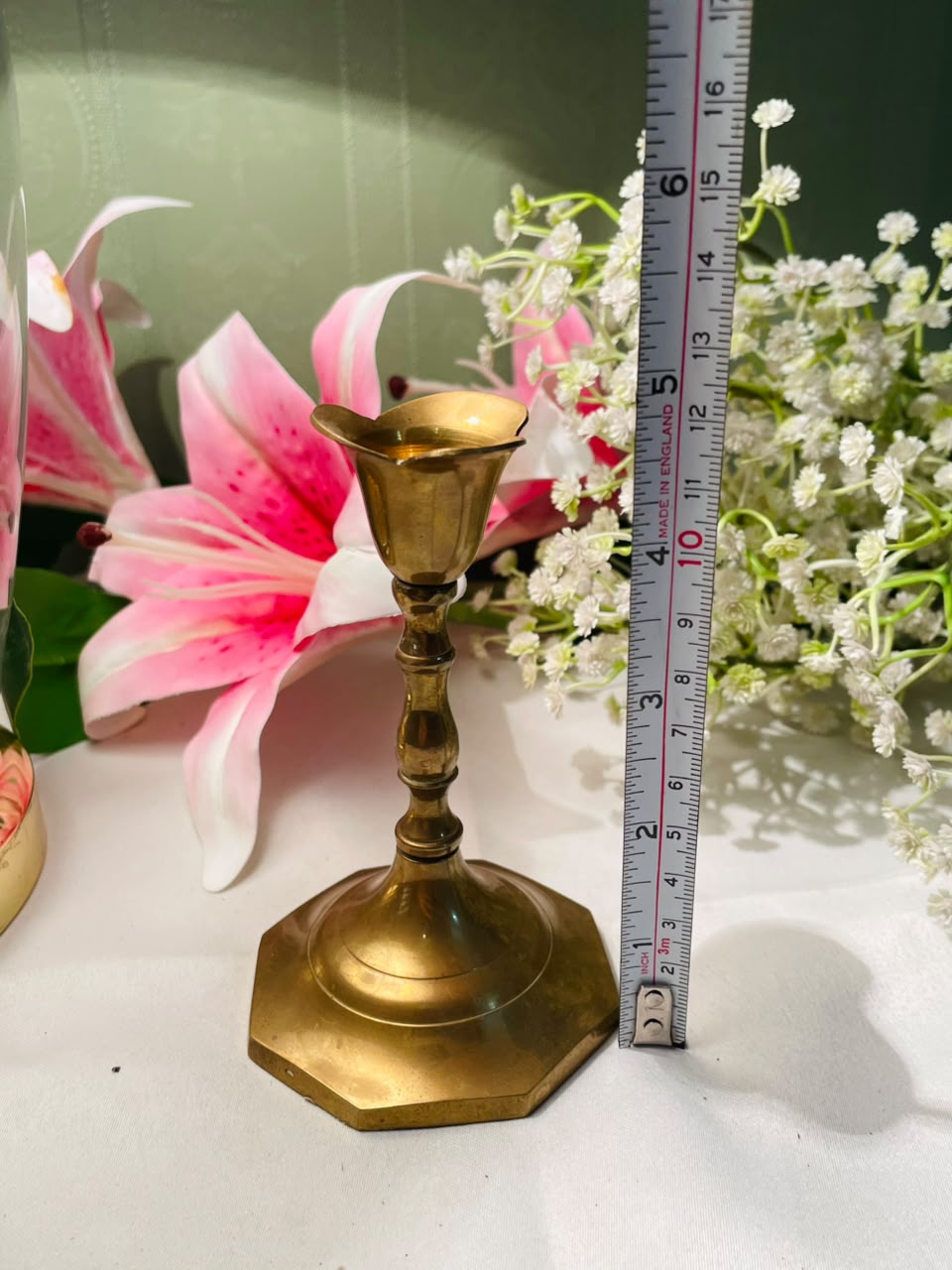 Vintage Brass-Tone Tall Candlestick Holder 18 cm