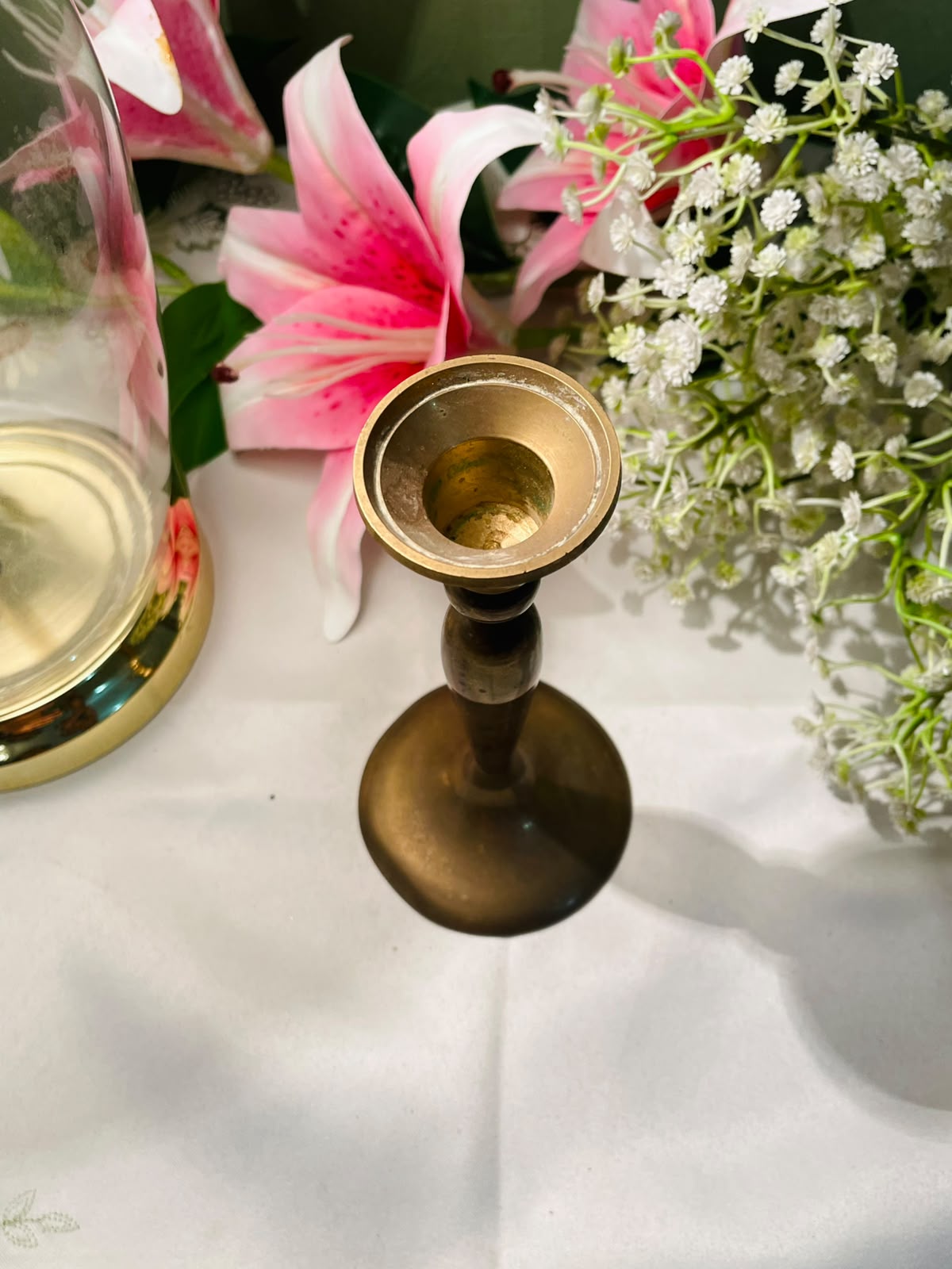 Vintage Brass-Tone Tall Candlestick Holder 18 cm