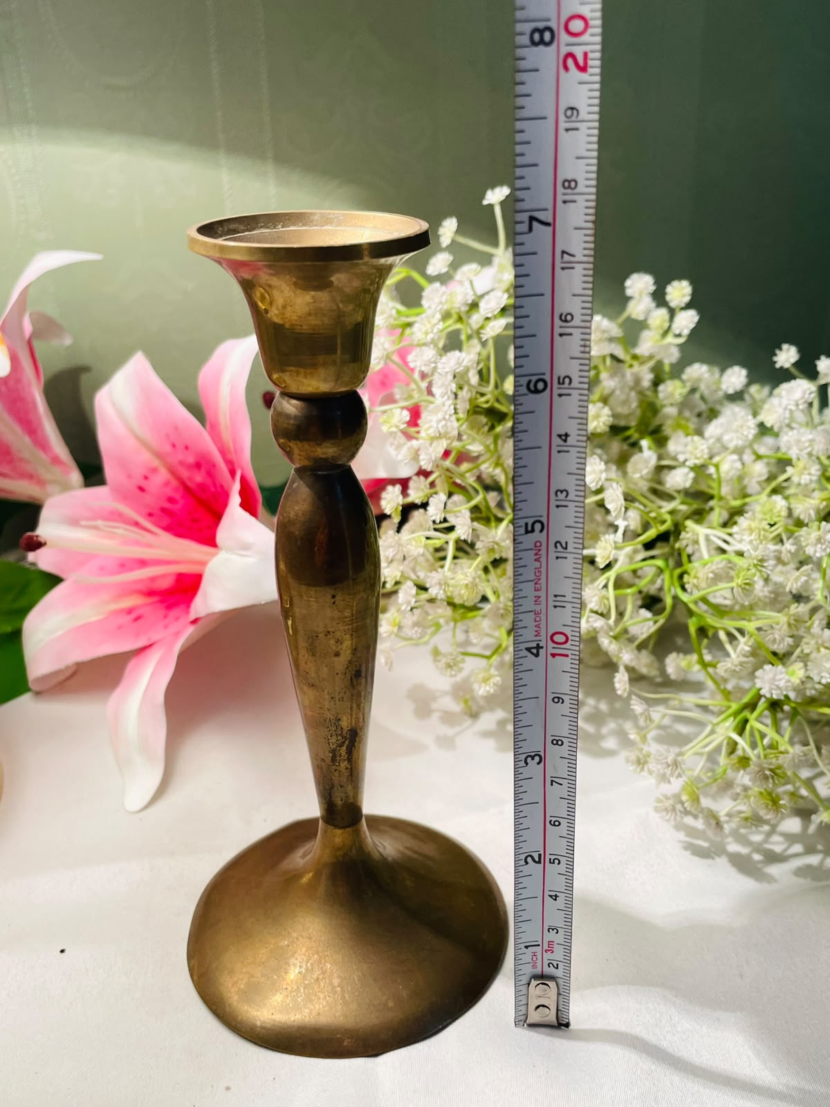 Vintage Brass-Tone Tall Candlestick Holder 18 cm