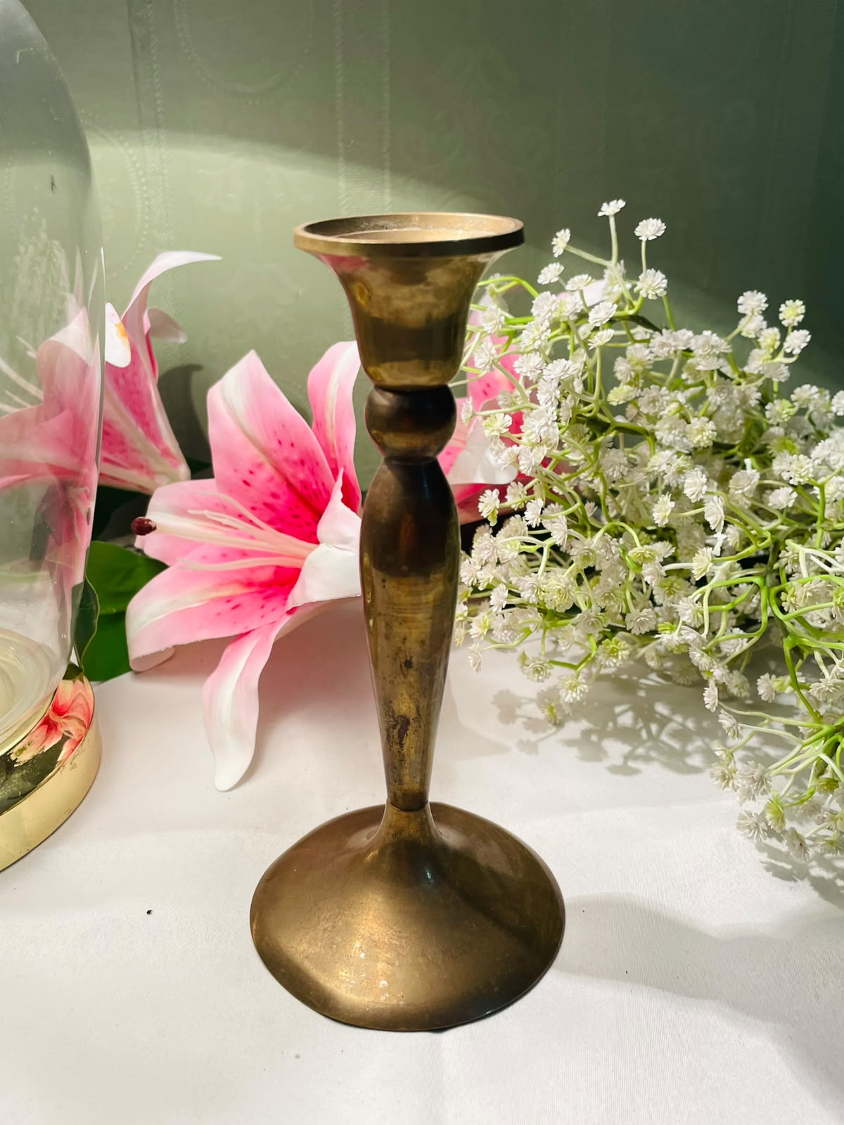 Vintage Brass-Tone Tall Candlestick Holder 18 cm