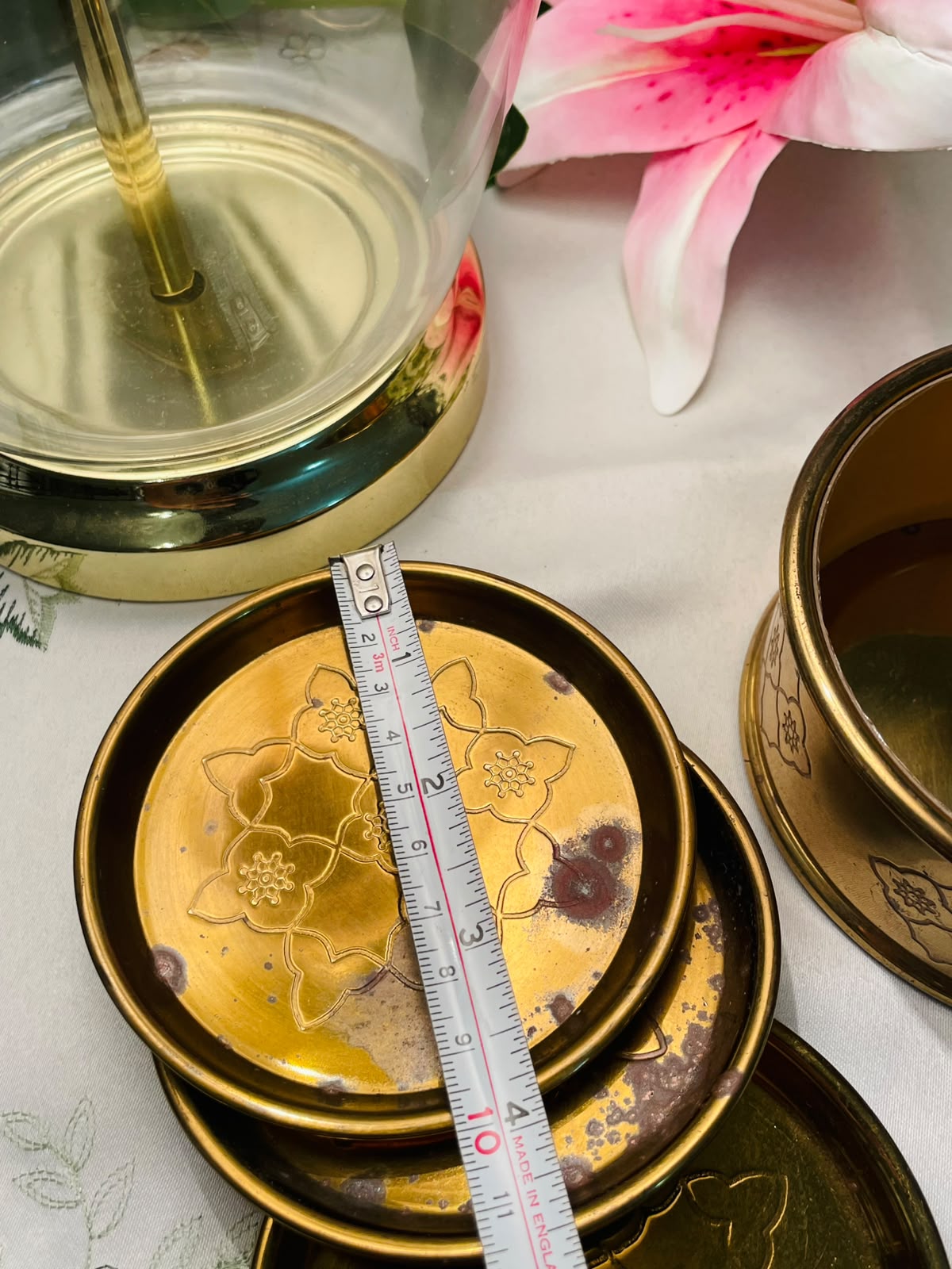Brass Tone Floral Coaster Set with Holder – 4 Pieces