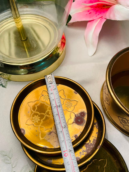 Brass Tone Floral Coaster Set with Holder – 4 Pieces