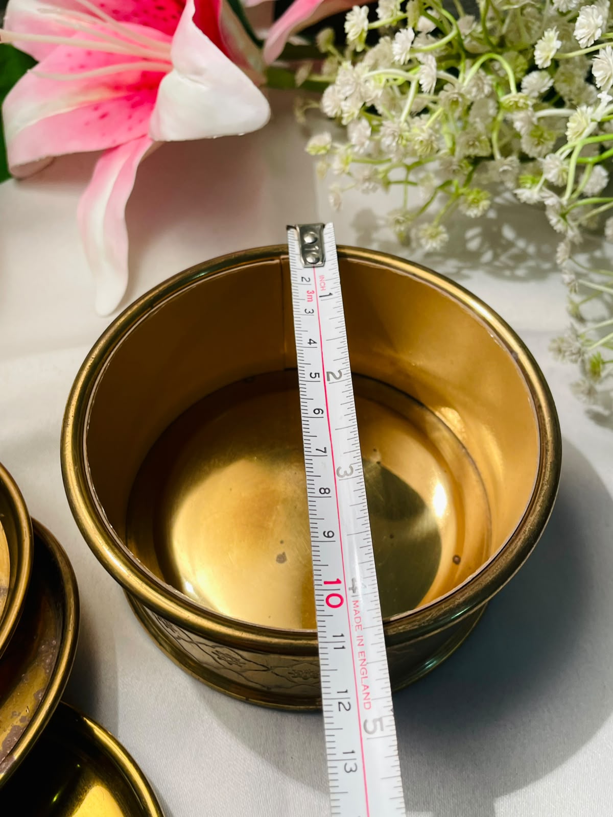 Brass Tone Floral Coaster Set with Holder – 4 Pieces