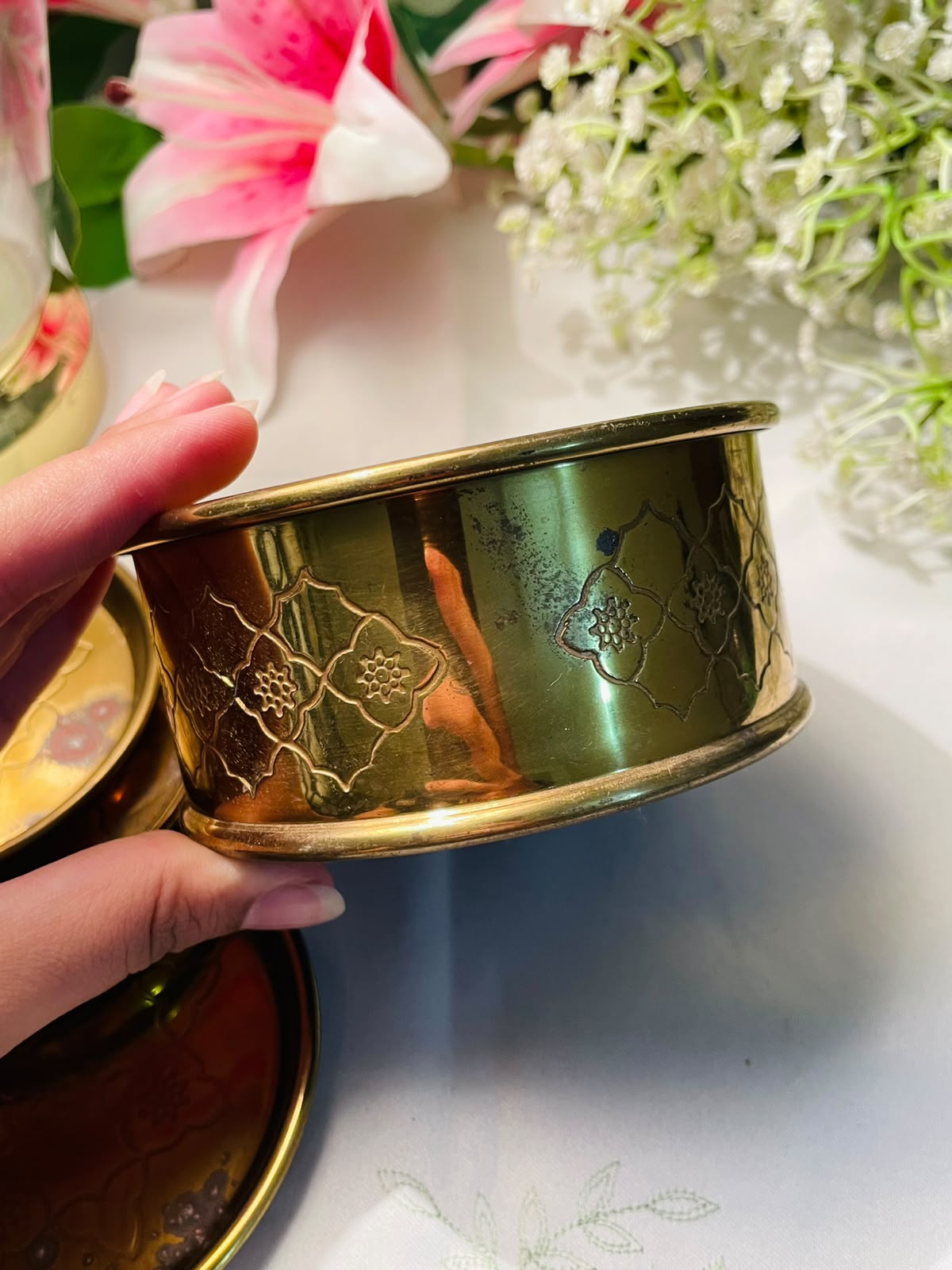 Brass Tone Floral Coaster Set with Holder – 4 Pieces