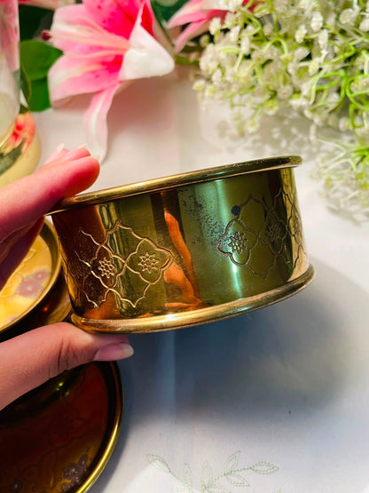 Brass Tone Floral Coaster Set with Holder – 4 Pieces
