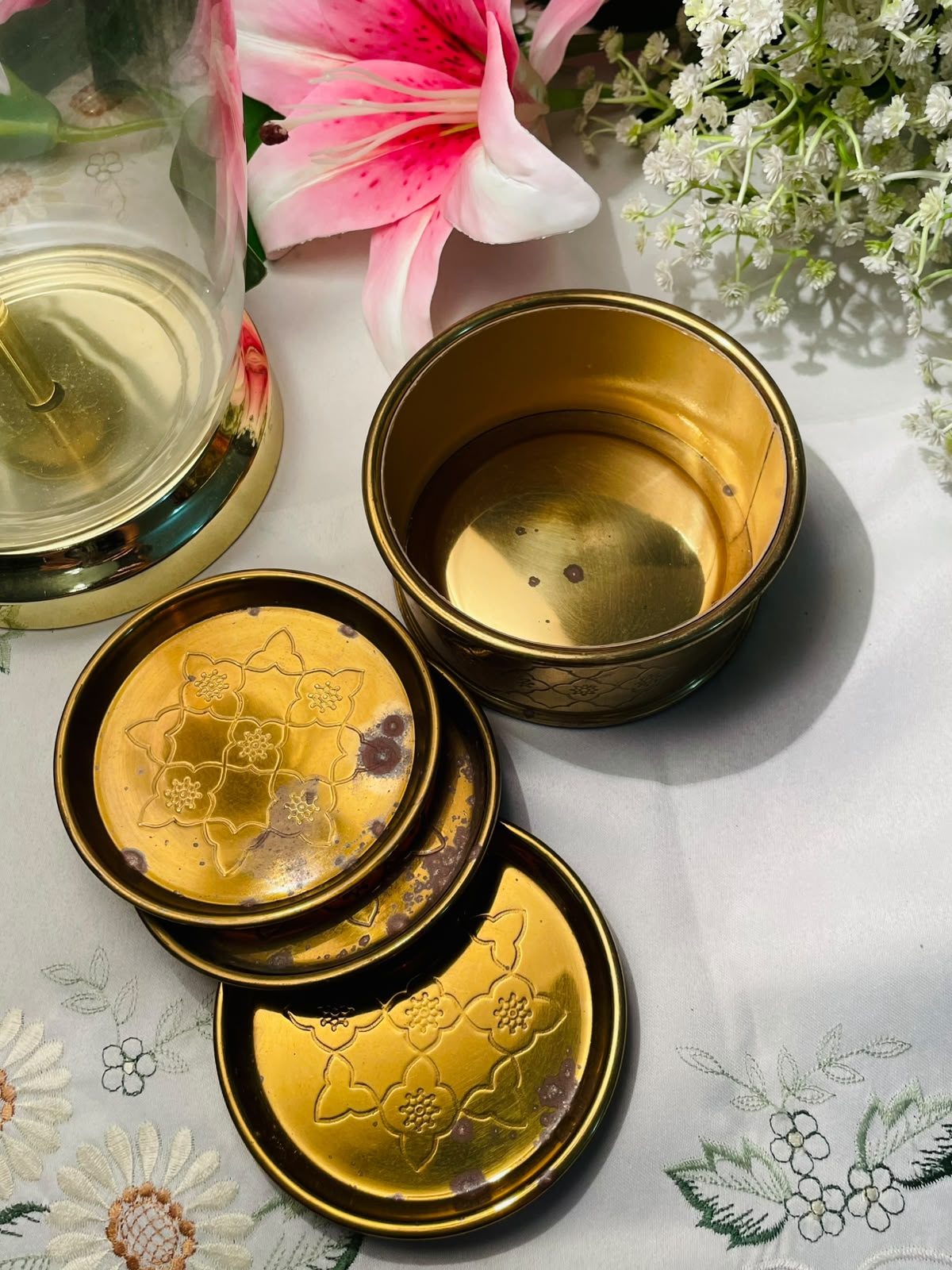 Brass Tone Floral Coaster Set with Holder – 4 Pieces