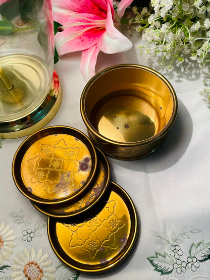 Brass Tone Floral Coaster Set with Holder – 4 Pieces