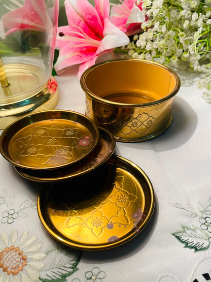 Brass Tone Floral Coaster Set with Holder – 4 Pieces