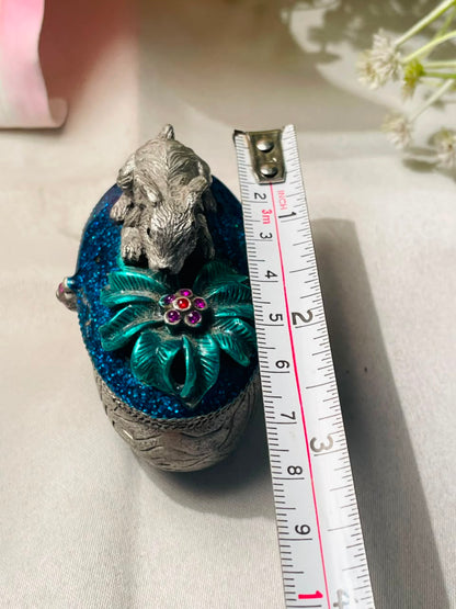 Vintage Jeweled Mouse Trinket Box Blue Enamel Approx. 8 cm