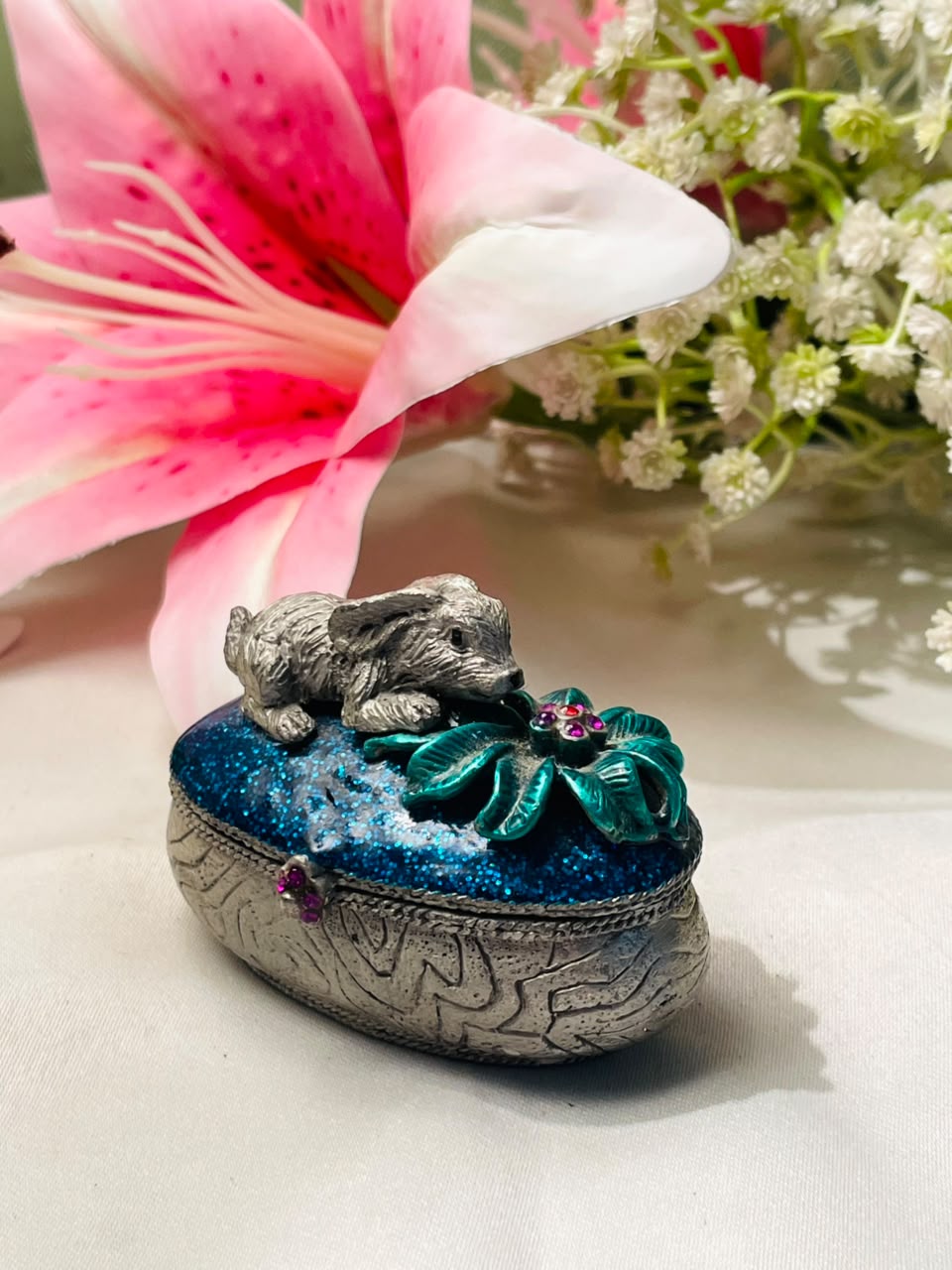 Vintage Jeweled Mouse Trinket Box Blue Enamel Approx. 8 cm