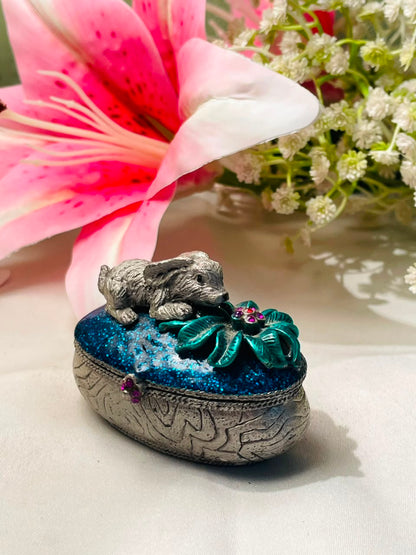 Vintage Jeweled Mouse Trinket Box Blue Enamel Approx. 8 cm