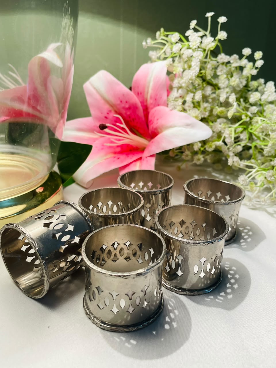 Queen Anne Silver Pierced Napkin Rings Set of 6