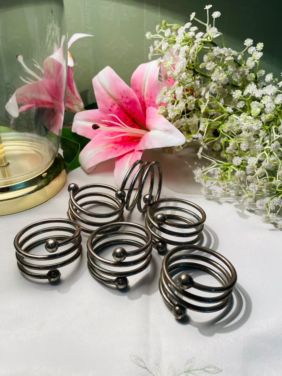 Vintage Spiral Silver-Tone Napkin Rings Set of 5