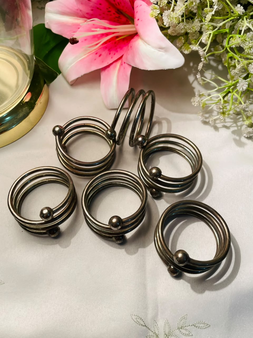 Vintage Spiral Silver-Tone Napkin Rings Set of 5