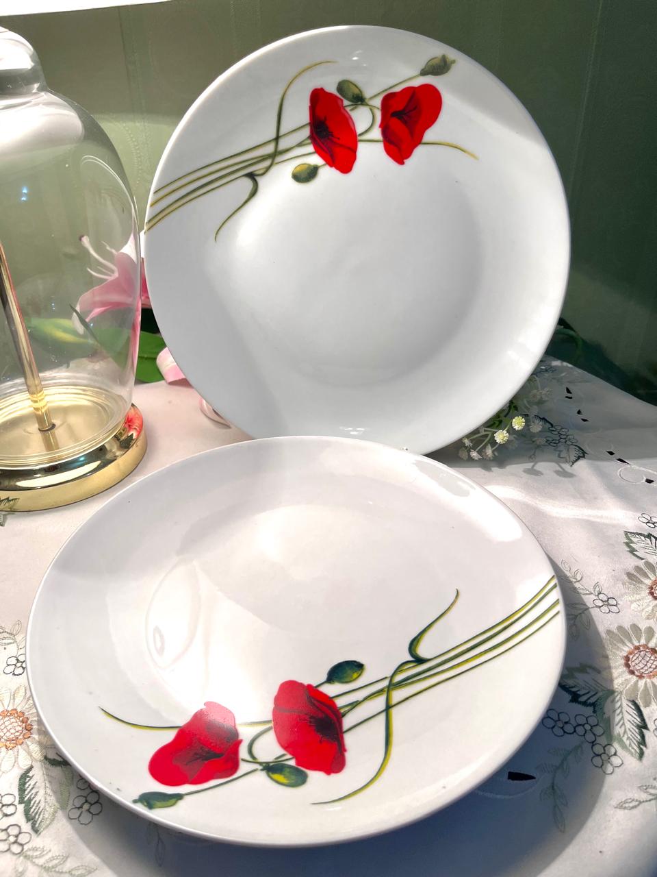 Vintage White Ceramic Poppy Serving Platter with Red Floral Design ( Each)
