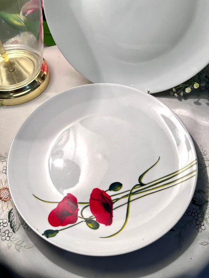 Vintage White Ceramic Poppy Serving Platter with Red Floral Design ( Each)