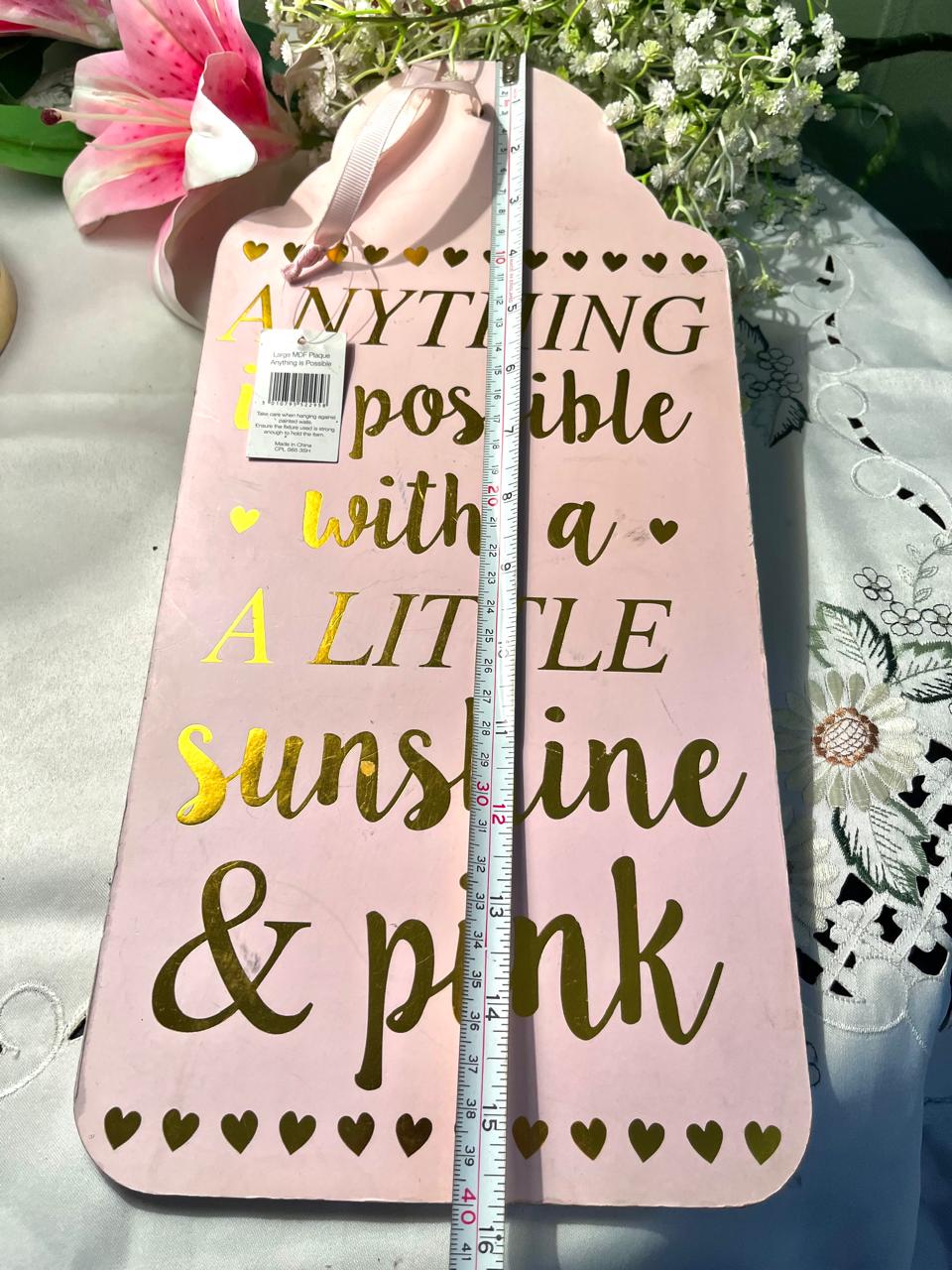 Pink MDF Wall Plaque Gold Quote Design Approx. 40 cm