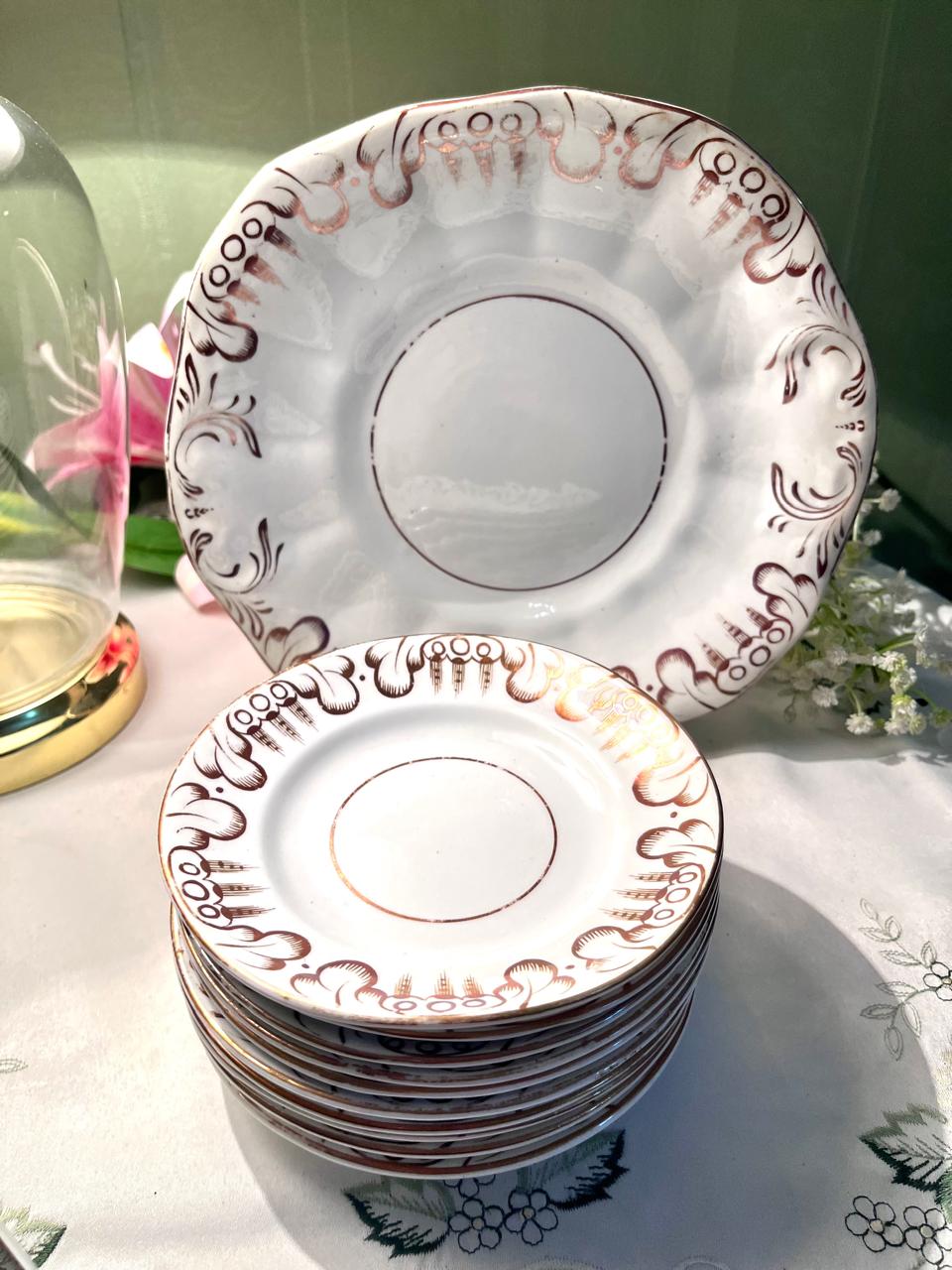 Vintage White Brown Scroll Cake plater & Quarter plater Set 11-Piece