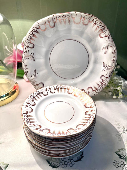 Vintage White Brown Scroll Cake plater & Quarter plater Set 11-Piece