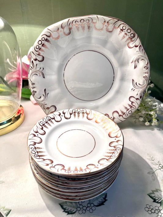 Vintage White Brown Scroll Cake plater & Quarter plater Set 11-Piece
