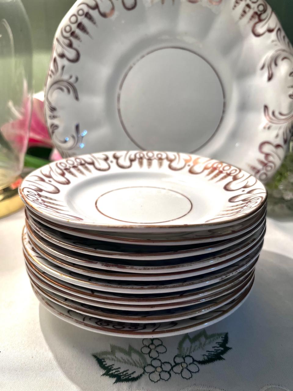 Vintage White Brown Scroll Cake plater & Quarter plater Set 11-Piece