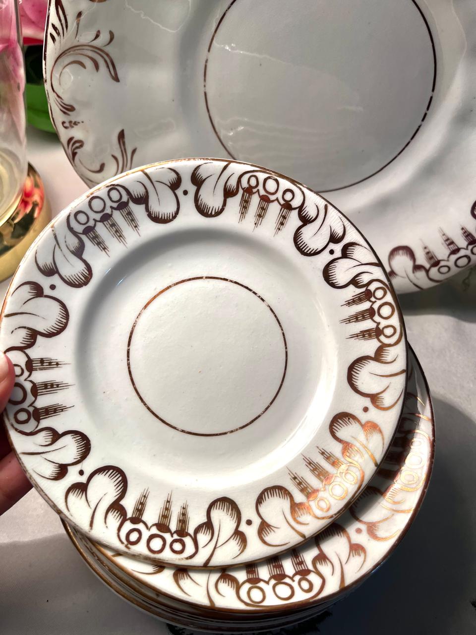 Vintage White Brown Scroll Cake plater & Quarter plater Set 11-Piece