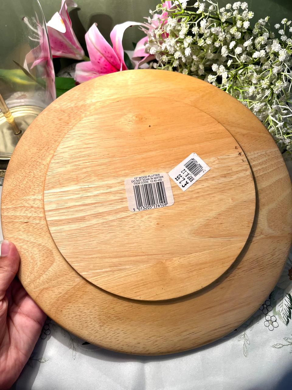 Vintage Round Wooden Serving Platter Natural Finish 31 cm