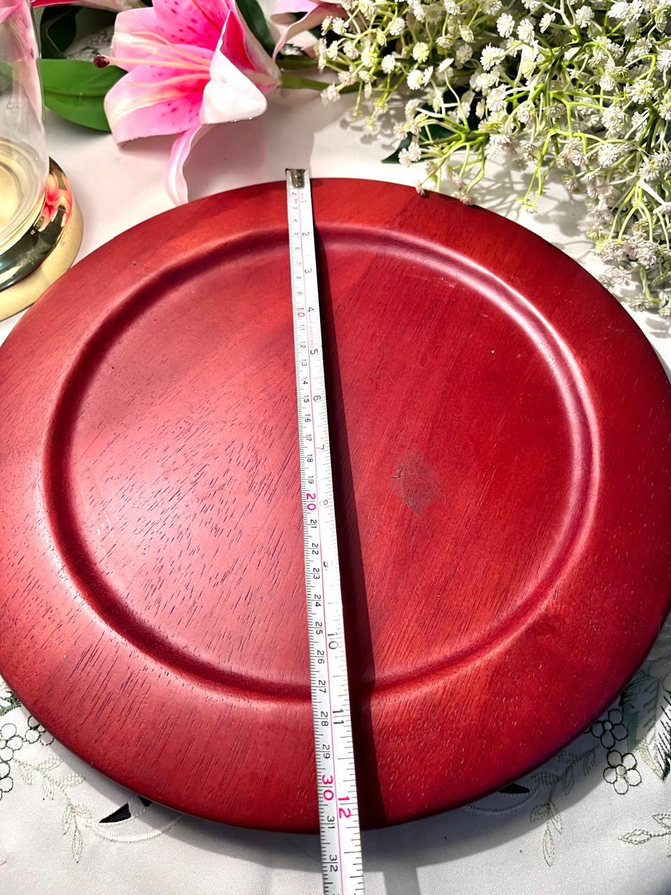 Vintage Red Wooden Serving Platter Round 31 cm