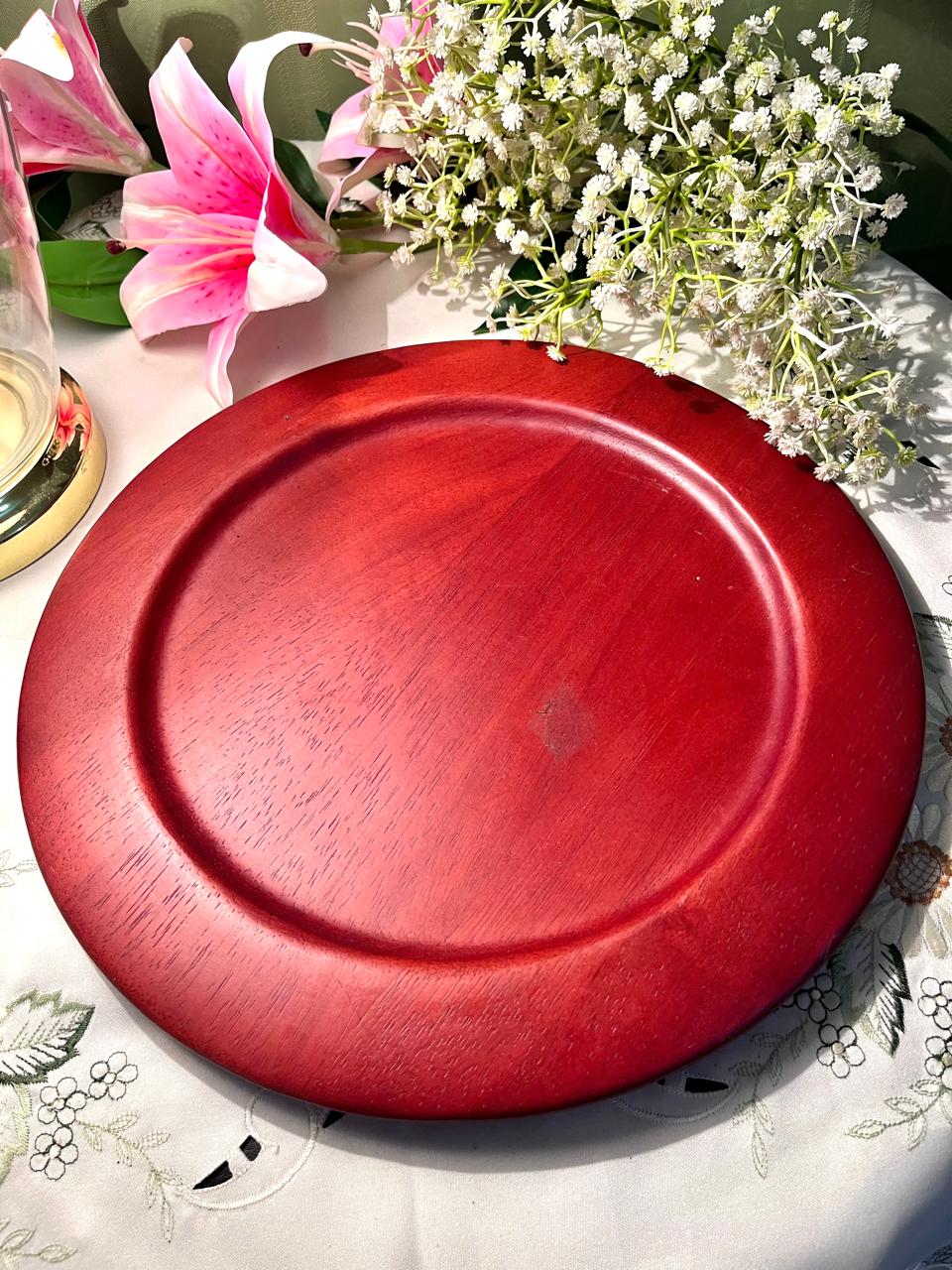 Vintage Red Wooden Serving Platter Round 31 cm
