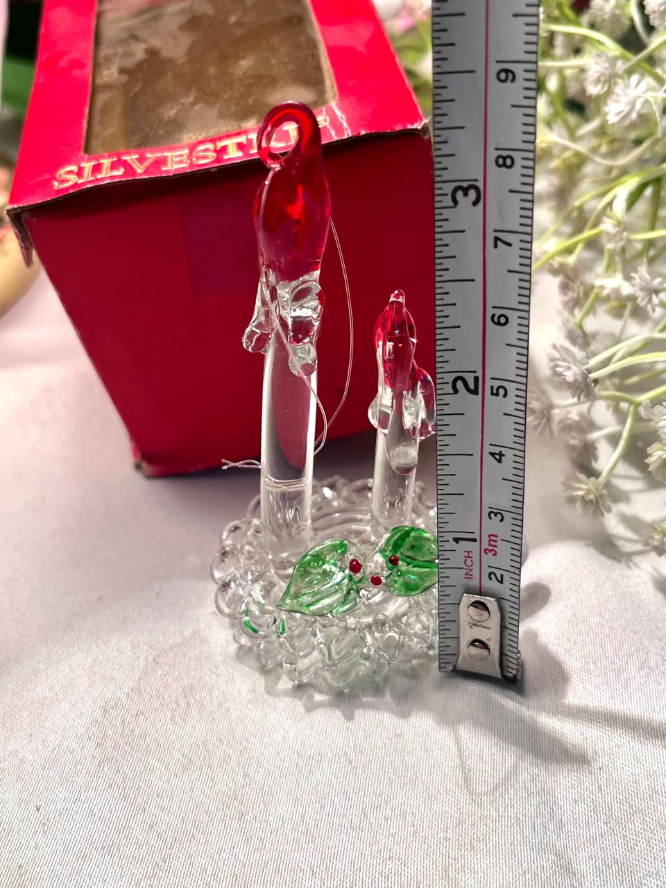 Vintage Red Crystal Bird Figurine Pair on Clear Base 8 cm
