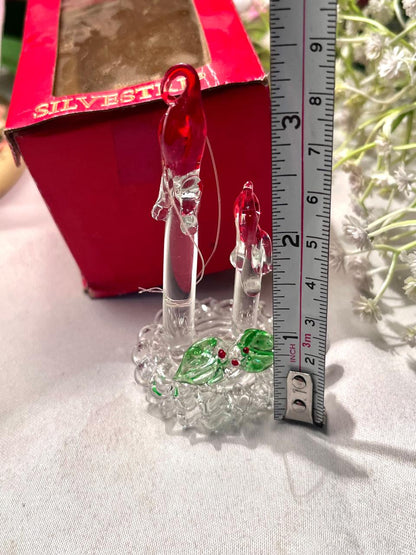 Vintage Red Crystal Bird Figurine Pair on Clear Base 8 cm