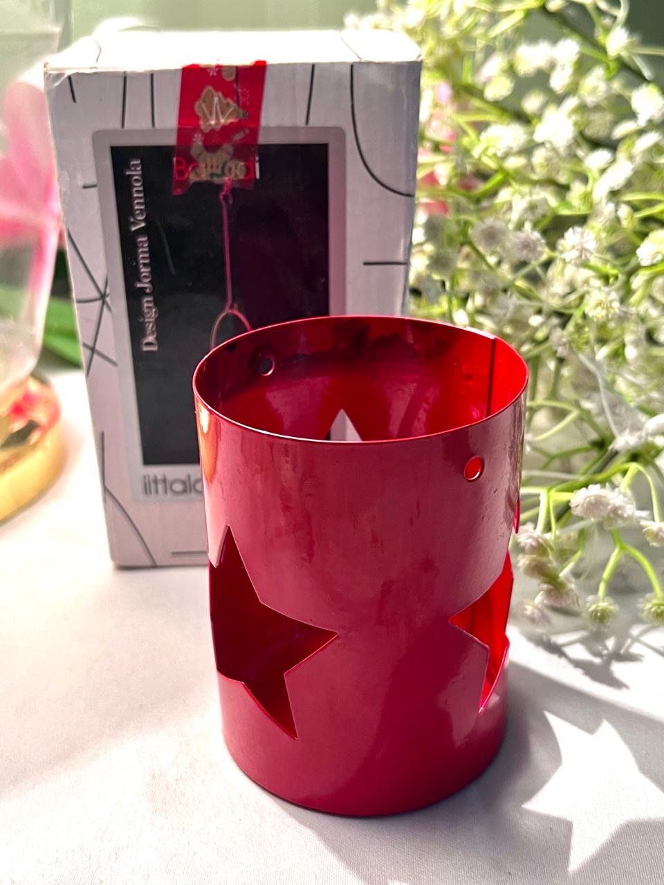 Vintage Red Metal Star Cutout Candle Holder 9 cm