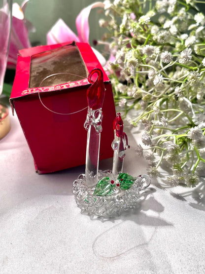 Vintage Red Crystal Bird Figurine Pair on Clear Base 8 cm