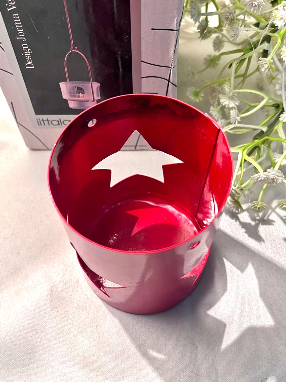Vintage Red Metal Star Cutout Candle Holder 9 cm