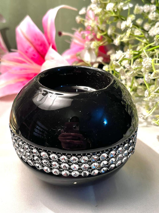 Vintage Black Decorative Candle Holder Crystal Detail Approx. 10 cm