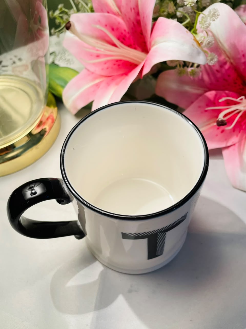 M&S White Ceramic Letter T Mug with Black Handle 10 cm