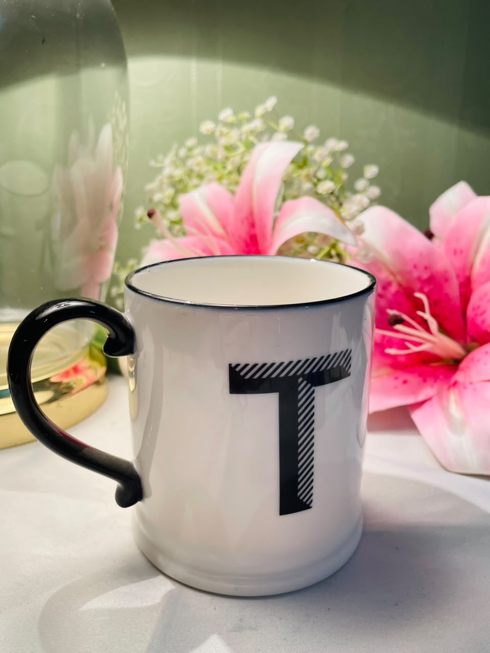 M&S White Ceramic Letter T Mug with Black Handle 10 cm