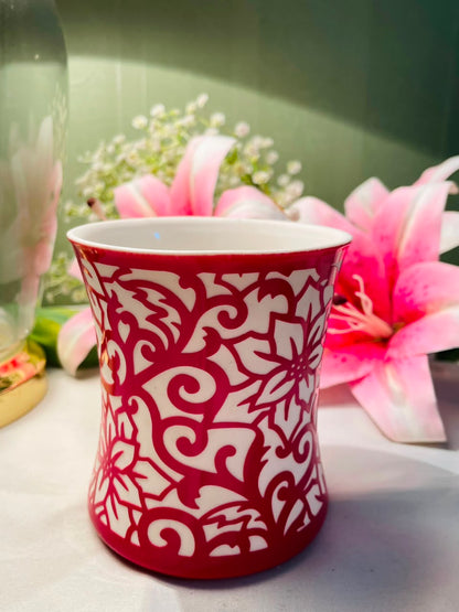 Red & White Ceramic Mug Floral Scroll Pattern 10 cm