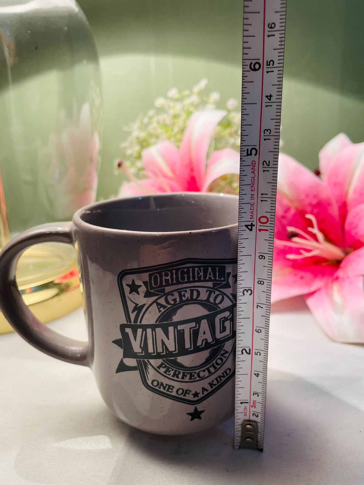 Vintage Grey Ceramic Mug Black Typography Design 10 cm