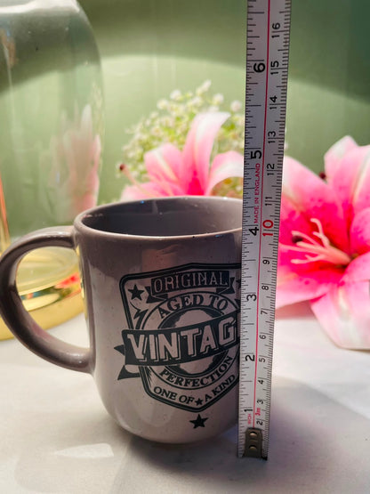 Vintage Grey Ceramic Mug Black Typography Design 10 cm