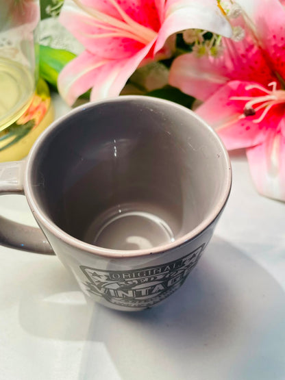 Vintage Grey Ceramic Mug Black Typography Design 10 cm