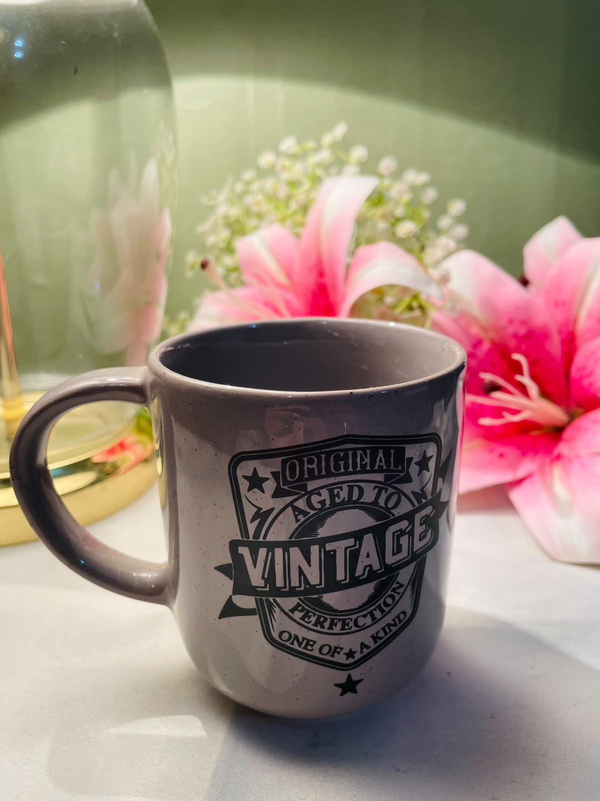 Vintage Grey Ceramic Mug Black Typography Design 10 cm