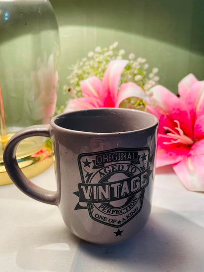 Vintage Grey Ceramic Mug Black Typography Design 10 cm