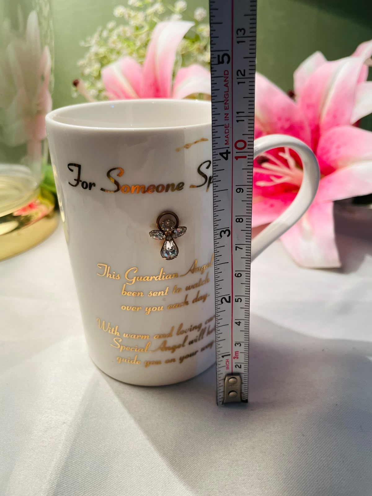 White Guardian Angel Ceramic Mug Gold Script 10 cm