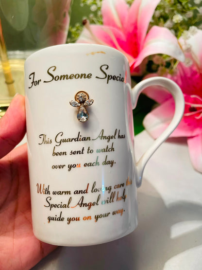 White Guardian Angel Ceramic Mug Gold Script 10 cm