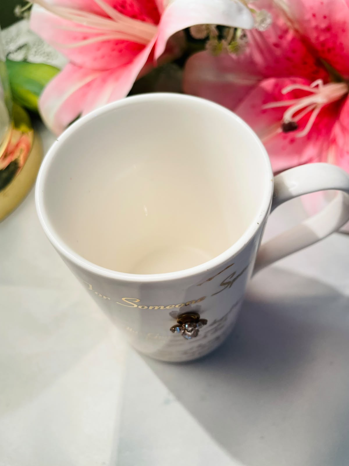 White Guardian Angel Ceramic Mug Gold Script 10 cm