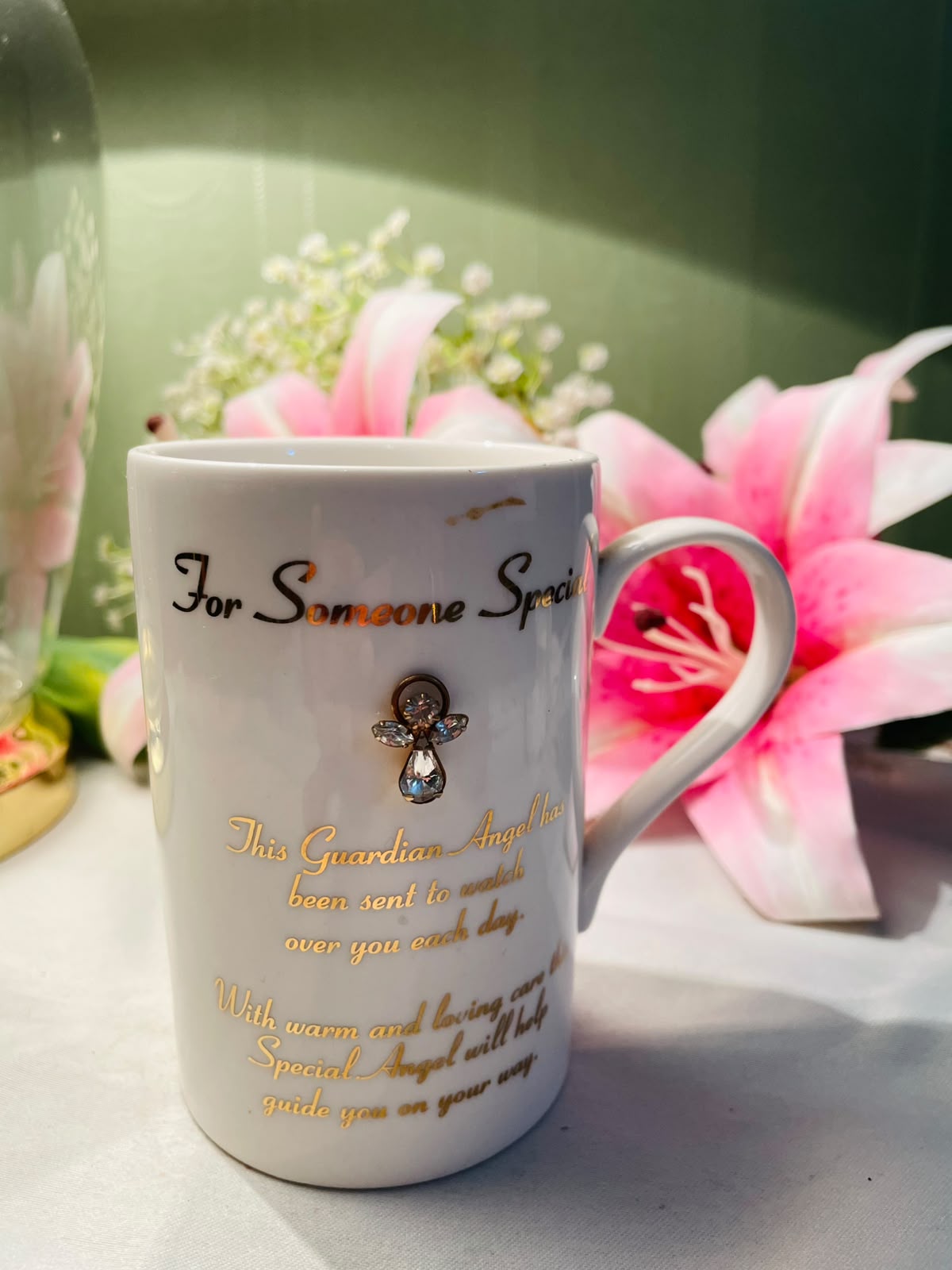 White Guardian Angel Ceramic Mug Gold Script 10 cm