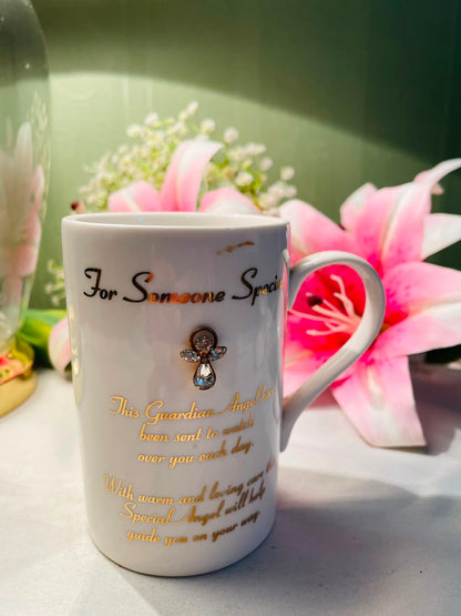 White Guardian Angel Ceramic Mug Gold Script 10 cm